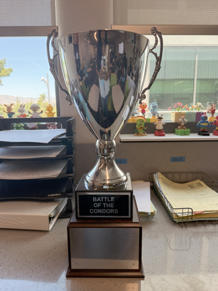 MHS BOTC trophy, won by the class of 2026 (now seniors) three times in a row, pictured in Ms. O'Connor's classroom.